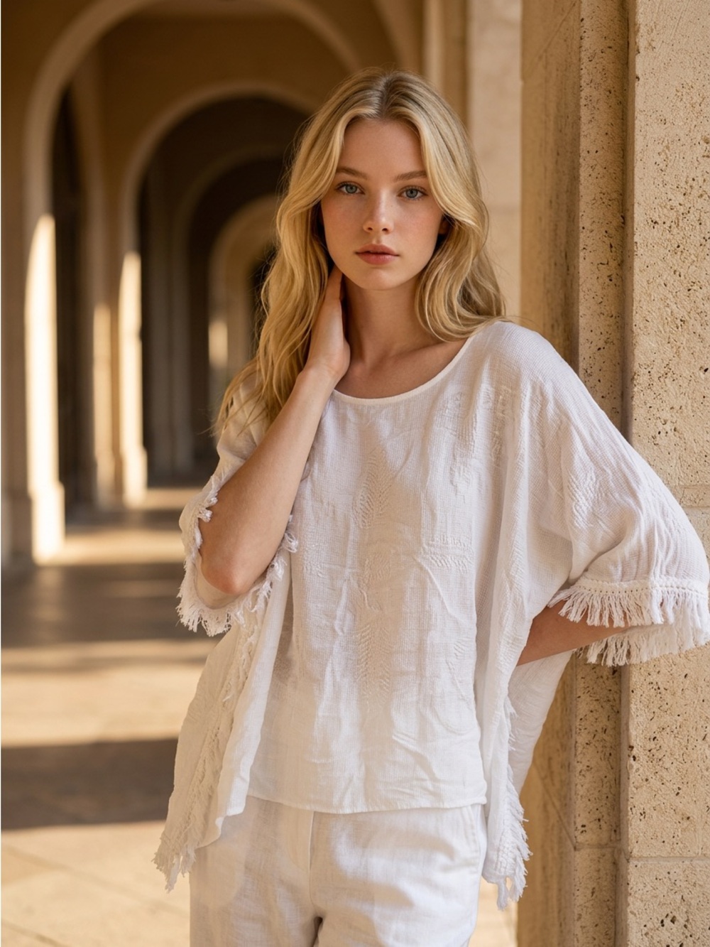 WD.NY white embroidered poncho-style top